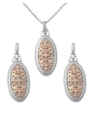 Sterling Silver Elegant Antique Design Oval Pendant and Earrings Jewelry Set