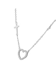 Sterling Silver Love Heart Cross Charm White Crystals Womens Pendant Necklace