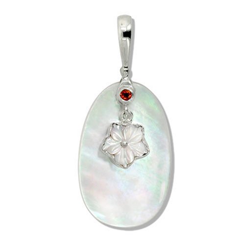 Sterling Silver, Mother-of-Pearl and Garnet Flower Pendant by Sajen