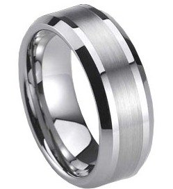 Tungsten Carbide 8 mm (5/16 in) Comfort Fit Flat Wedding Band Ring w/ Brushed Center & Beveled Edge (Available in Sizes 8 to 11) size 9.5