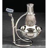 Shave Shaving Four (4) Piece Set BB12 with Mach 3 Razor, Badger Shave Brush, Bowl and Stand-Silver Plated