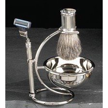 Shave Shaving Four (4) Piece Set BB12 with Mach 3 Razor, Badger Shave Brush, Bowl & Stand-Silver Plated