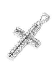 925 Sterling Silver Cross Pendant With Cubic Zirconia - Stone: Clear CZ