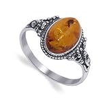 Marvelous Sterling Silver Band Oval Amber Ring