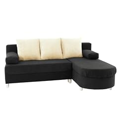 Ecksofa, Funktionssofa Pia schwarz/creme mit Bettfunktion, Bettkasten und Ottomane - auch spiegelbildlich montierbar -