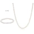 Sterling Silver Freshwater Cultured Pearl Necklace, Stretch Bracelet and Stud Earrings Set