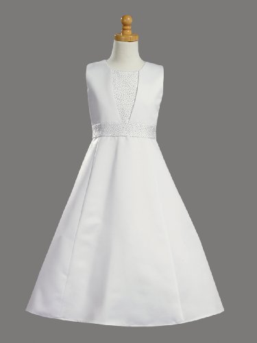 wedding dresses gowns, White Satin A-line Communion Dress with Beaded Accents