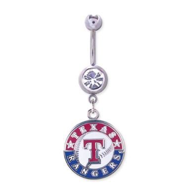 Texas Rangers 316L Stainless Steel Belly Ring with Cubic Zirconia - 14G - 5/8 Inch Bar Length - Sold Individually