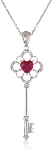 Sterling Silver Heart Created Ruby and Genuine White Diamonds Key Pendant Necklace, 18"