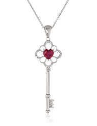 Sterling Silver Heart Created Ruby and Genuine White Diamonds Key Pendant Necklace, 18"