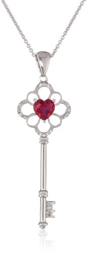 Sterling Silver Heart Created Ruby and Genuine White Diamonds Key Pendant Necklace, 18"