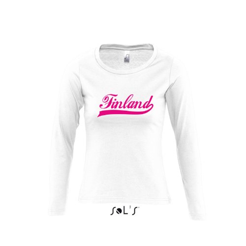 Finland Oldschool Finnland LÄNDERSHIRT EM / WM FAN Trikot – Damen Langarm Longsleeve T-Shirt S-XL , White – pink , M