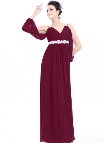 Ever Pretty Ruffles Sexy Double V-neck Chiffon Long Bridesmaid Dress 09681, HE09681RD12, Red, 10US