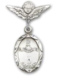 Sterling Silver Baby Badge with Baptism Charm and Angel w/Wings Badge Pin