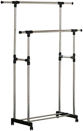 1Pcs Clothes Rack Stand Double Rods Stainless Steel Drying Rack Adjustable Portable Clothes Rack Hanger Extendable Rolling