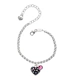 Black Resin Heart in Frame with Tropical Swarovski Crystals Silver Plated Brass Charm Bracelet with Rose Swarovski Drop