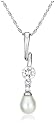 Sterling Silver 7x9mm Pear-Shaped Freshwater Cultured Pearl w/ 6mm Round Brilliant-Cut Cubic Zirconia Pendant, 18"