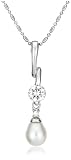 Sterling Silver 7x9mm Pear-Shaped Freshwater Cultured Pearl w/ 6mm Round Brilliant-Cut Cubic Zirconia Pendant, 18