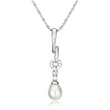 Sterling Silver 7x9mm Pear-Shaped Freshwater Cultured Pearl w/ 6mm Round Brilliant-Cut Cubic Zirconia Pendant, 18"