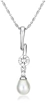 Sterling Silver 7x9mm Pear-Shaped Freshwater Cultured Pearl w/ 6mm Round Brilliant-Cut Cubic Zirconia Pendant, 18"
