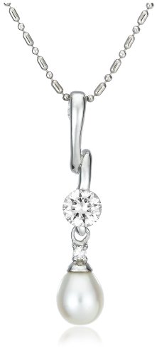 Sterling Silver 7x9mm Pear-Shaped Freshwater Cultured Pearl w/ 6mm Round Brilliant-Cut Cubic Zirconia Pendant, 18