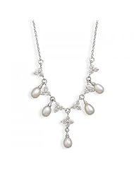MMA Silver - 16 inch+2 inchExtension Rhodium Plated CZ Flower and Cultured Freshwater Pearl Necklace