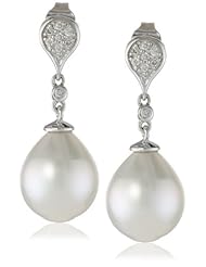 14k White Gold, South Sea Cultured Pearl and Diamond Dangle Earrings (0.1 cttw, GH Color, I1-I2 Clarity)