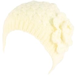 Crochet Flower Gold Knit Beanie Skull Winter Hat Ivory