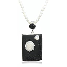 Sterling Silver Carved Agate and Mother-of-Pearl Floral Motif Pendant, 18 by Amazon.com Collection
