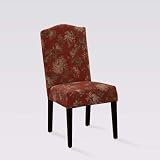 2 Camel Back Parsons Chairs in Floral Pattern with Cabernet Background Fabric with Deep Cherry Legs By Powell Classic Seating