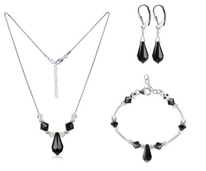 Black Swarovski Crystal Sterling Silver Bracelet Earrings 16 18 20 22 24 Necklace Jewelry Set