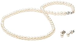 White Freshwater Cultured Pearl Children's Necklace and Earring Set with Sterling Silver Clasp (4-4.5mm), 13"