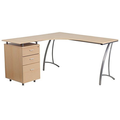 Flash Furniture Laminated L-Shape Desk with 3 Drawer Pedestal, Beech