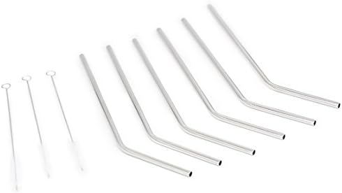 Set of 6 Reusable Bent Curved 18/8 Stainless Steel Drinking Straws With 3 Included Nylon Cleaning Brushes Fits Yeti Tumbler 20 OZ and 30 OZ. (6 Curved + 3 Brushes)