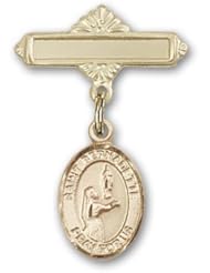 14kt Gold Baby Badge with St. Bernadette Charm and Polished Badge Pin. Catholic Saint Bernadette Patron Saint of Against Bodily Ills, Shepherds