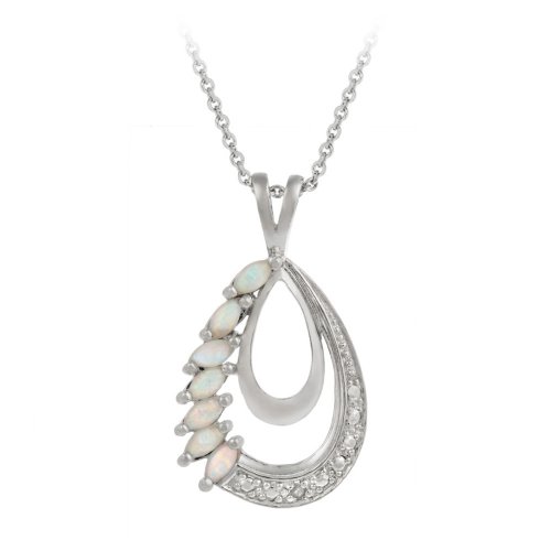 Sterling Silver Diamond-Accent and Marquise Created-Opal Double Teardrop Pendant with Rolo Chain, 18"