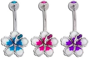 DSJ Stainless Steel CZ Gem Press-Fit Non-Dangle Belly Button Navel Ring with Purple Lotus Flower Charm