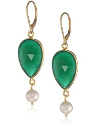 Faceted Green Onyx Bezel Bead and White Potato Freshwater Cultured Pearl Gold over Silver Leverback Drop Earrings