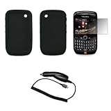 Black Silicone Gel Skin Cover Case + LCD Screen Protector + Rapid Car Charger for Blackberry Curve 8520 [Accessory Export Brand]