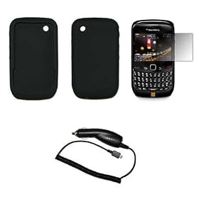 Black Silicone Gel Skin Cover Case + LCD Screen Protector + Rapid Car Charger for Blackberry Curve 8520 [Accessory Export Brand]