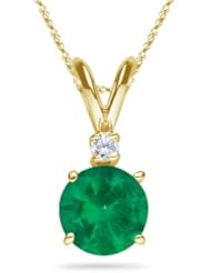 0.03 Cts Diamond & 0.10 Cts of 3 mm AA Round Natural Emerald Pendant in 18K Yellow Gold