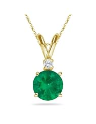 0.03 Cts Diamond & 0.55 Cts of 5.5 mm AA Round Natural Emerald Pendant in 14K Yellow Gold