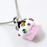 Yummy Light Pink 3d Cupcake with Icing Charm Necklace with Crystals & Chocolate Silver Tone