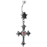 Jet Cubic Zirconia Gothic Pewter Cross Belly Ring