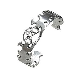 Pentagram Star Flames Pewter Cuff Bracelet