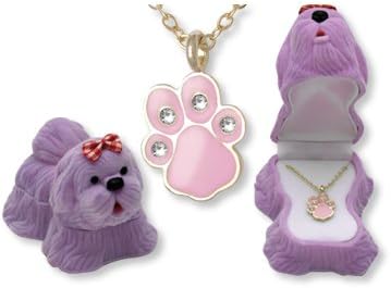 Childrens Jewelry, Girls Dog Paw Necklace, Adorable Children's Pendant in a Colorful Keepsake Purple Puppy Dog Figurine Box. Makes the Perfect Gift, and They're Great for Collecting, Too!