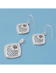 Sterling Silver Wavy Pattern Diamond Earring Pendant Set