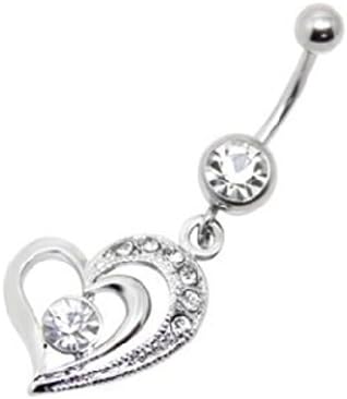 JADE Onlines Body Piercing Navel Belly Button Ring Bar - Clear Rhinestone Silver Hollow Heart in Heart Style