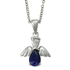 Sterling Silver 5/8" Sapphire September Birthstone Angel Wing Necklace on 18" Chain