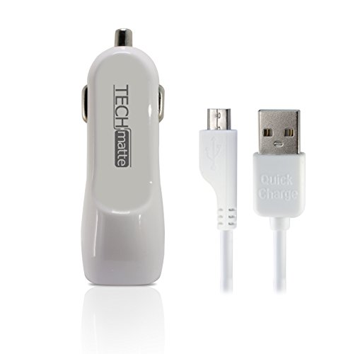TechMatte Quick Charge 2.0 Car Charger, Adaptive Fast Charger for LG G4, Samsung Galaxy S6 / S6 Edge / Note 5 Note 4, Asus Zenfone 2, HTC One M9 / M8, Moto X Style (With Cable) White